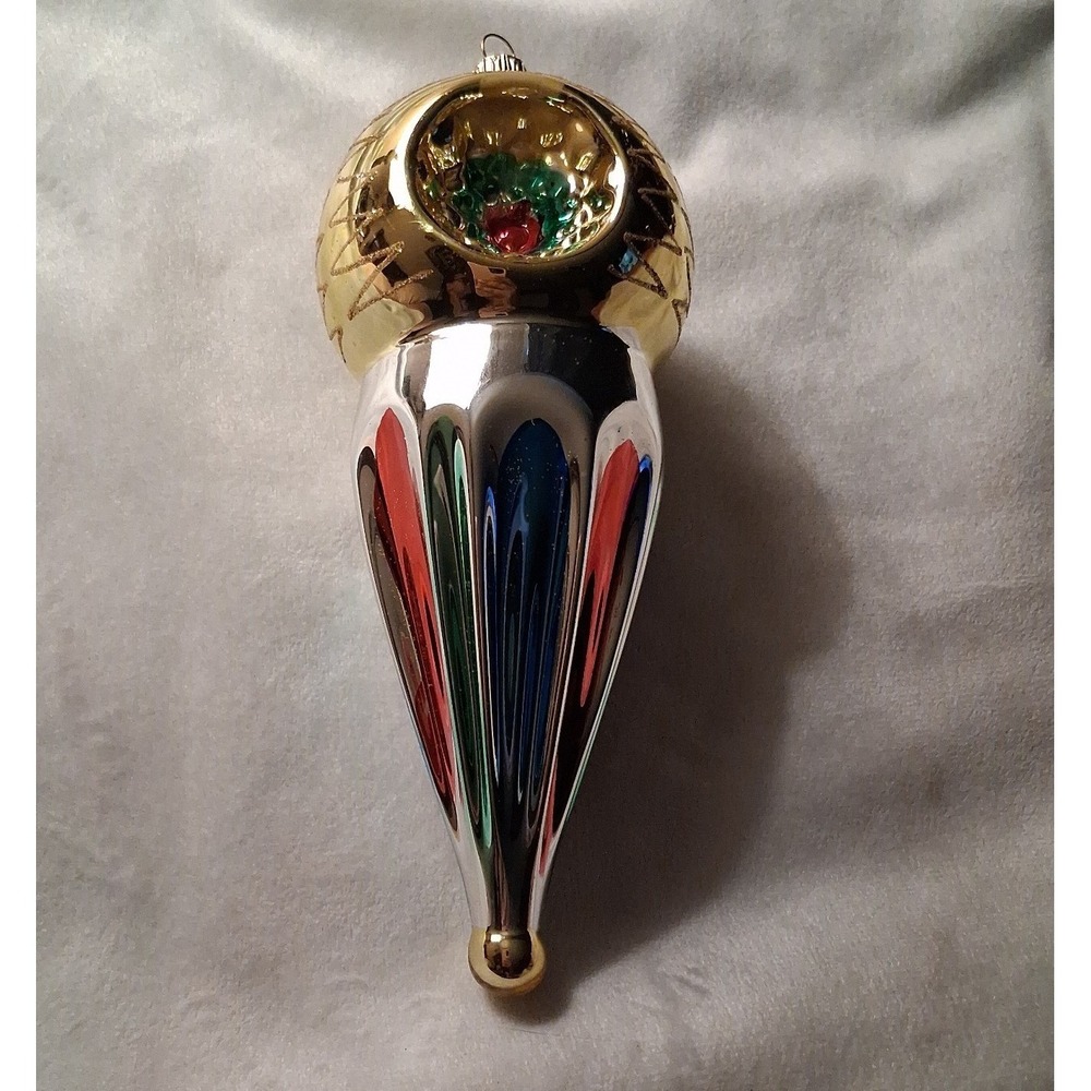 Vintage German 4 Indent Reflector Christmas Ornament 7" Large Teardrop Germany